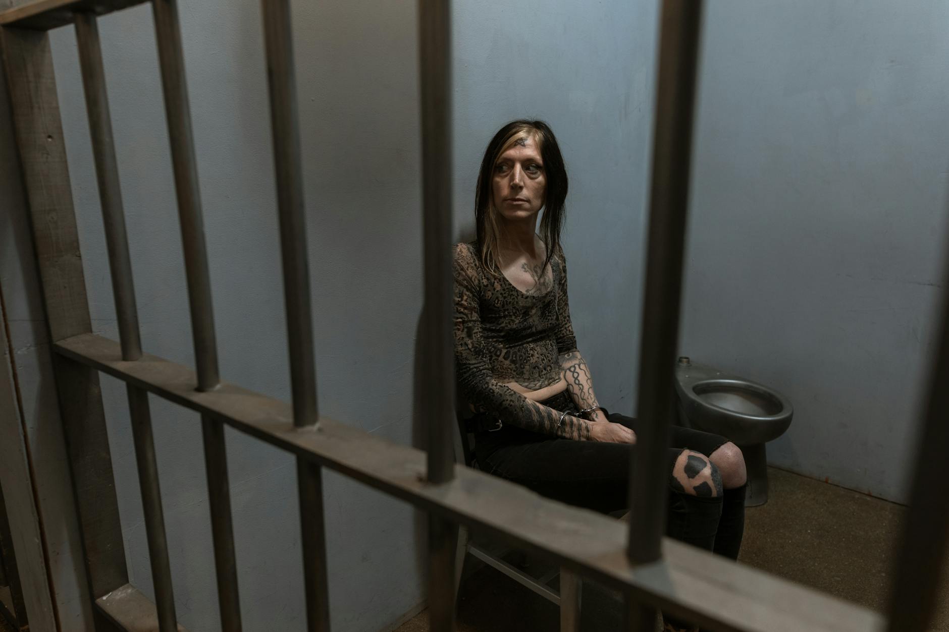 woman in black and white long sleeve shirt and black pants sitting on brown wooden stairs